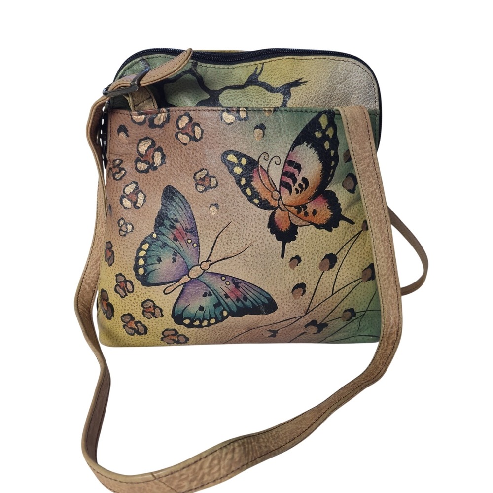 Anuschka Leather Handpainted Butterfly Tiger‎ Cheetah Zip Around Satchel RARE!